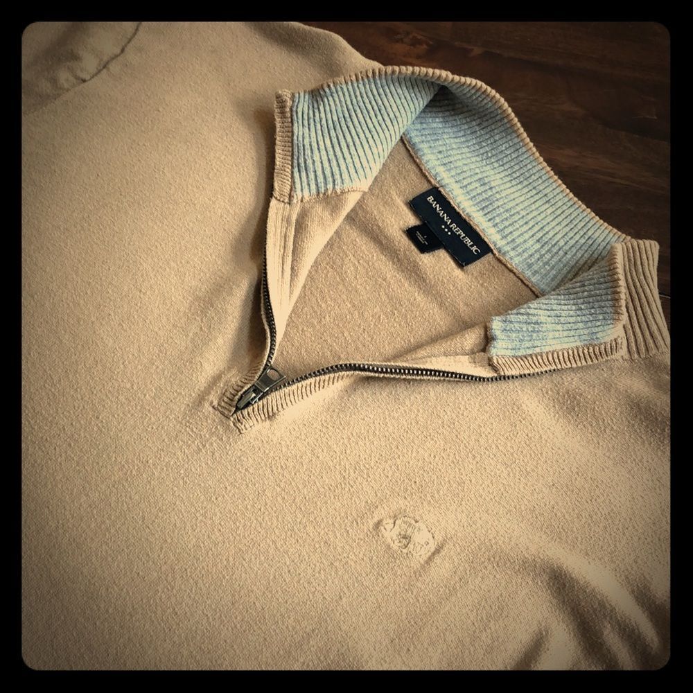 Banana Republic 1/4 Zip Men's Sweater Tan Beige Pullover Cotton Mock Neck SIze L
